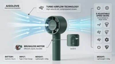 Xiaomi Aisolove F01 handheld fan infographic showing its turbo motor and high-speed internal duct design for powerful airflow.
