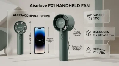 Infographic highlighting the lightweight 125g design and frosted PC/ABS build quality of the Xiaomi Aisolove F01 portable fan.
