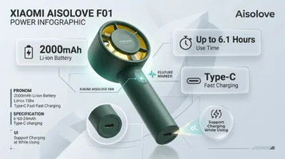 E-commerce infographic detailing the 2000mAh battery life and Type-C charging features of the Xiaomi Aisolove F01 handheld fan.