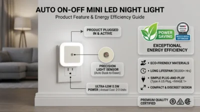 Energy-efficient mini LED night light infographic showing 0.5W power consumption and ultra-low annual electricity usage for Bangladesh households.
