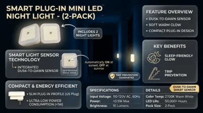 Safety-focused infographic for the Auto On-Off Night Light highlighting its smart sensor and gentle glow for child and elderly safety at night.