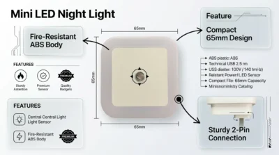 Technical infographic of the square mini LED night light showing fire-resistant ABS material, dimensions, and portable design features.