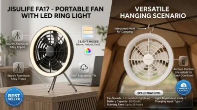 E-commerce infographic showing the JisuLife FA17 in both tripod-standing and ceiling-hanging configurations with its LED light modes.
