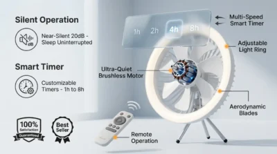 Product feature infographic for JisuLife FA17 illustrating the silent brushless motor, wireless remote, and 1-8 hour timer settings.