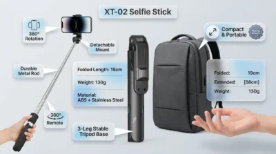 Infographic showing the compact 19cm design and 130g lightweight build of the XT-02 Bluetooth Selfie Stick Tripod.