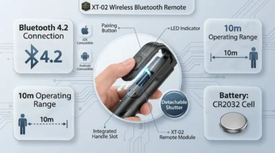 Detailed infographic of the XT-02 detachable Bluetooth 4.2 remote showing its 10m range and CR2032 battery.