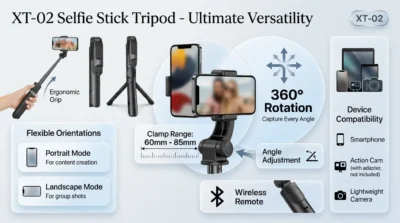Infographic demonstrating the 360-degree rotating mount and 60mm-85mm adjustable phone clip of the XT-02 selfie tripod.