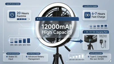 Power performance infographic for JISULIFE FA17 highlighting 12000mAh battery life and 6-7 hour charging time.