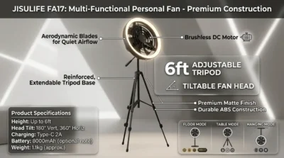 Detailed view of JISULIFE FA17 design features including its 6-foot adjustable tripod and tiltable fan head.