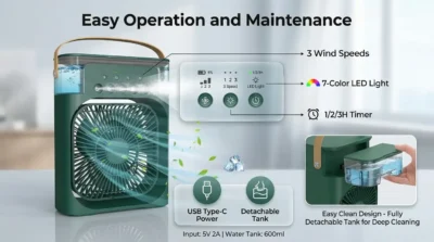 Infographic of the Extonic ET-C702 control panel showing speed settings, timer, and the removable water tank feature.