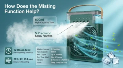 E-commerce infographic showing the 5 misting nozzles and 600ml water tank of the Extonic ET-C702 fan with cooling mist effects.
