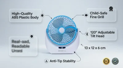 Infographic showing the durable ABS plastic build, safety grill, and adjustable head of the JY Super JY-1880 table fan.