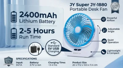 Technical infographic detailing the 2400mAh battery capacity, 2-5 hour runtime, and 5V USB charging for the JY-1880 fan.