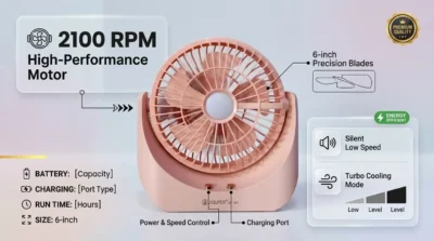 Infographic showing the cooling performance of the Jysuper JY-1881 fan, highlighting its 6-inch blades and 2100 RPM motor.