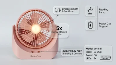 Product infographic demonstrating the dual functionality of the Jysuper JY-1881 as both a portable fan and an emergency LED light.