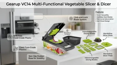 Infographic showing the durable build quality, BPA-free plastic construction, and non-slip base of the Gearup VC14 multifunction kitchen tool.