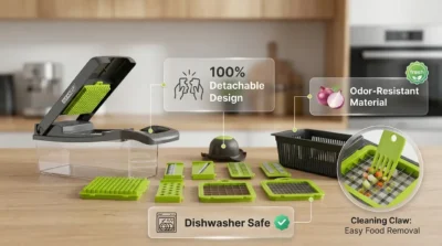 Infographic detailing the cleaning efficiency, detachable components, and odor-resistant materials of the Gearup VC14 vegetable cutter.