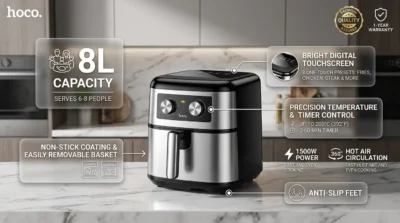 Infographic of Hoco HJD16A Air Fryer highlighting its 8L capacity, sleek black design, and digital touchscreen interface.