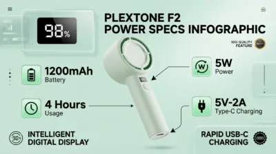 Technical infographic of the Plextone F2 handheld fan highlighting its 1200mAh battery, digital LED status display, and 4-hour runtime specifications.