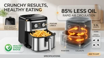 E-commerce infographic showing Hoco HJD16A Air Fryer's rapid air circulation technology and its ability to cook with 85% less oil.