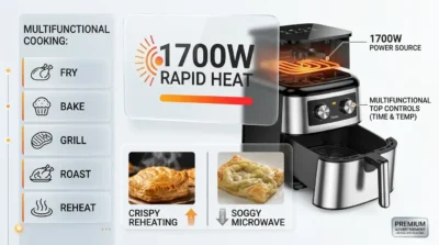 Performance infographic of Hoco HJD16A Air Fryer showcasing its 1700W power, rapid heating, and multifunctional cooking capabilities.
