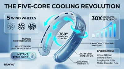 Infographic showing the five-core refrigeration technology and five wind wheels of the Rtako BP626 neck fan.