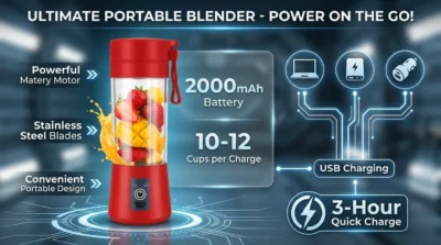 E-commerce infographic for portable blender battery life, showing 2000mAh capacity and USB charging compatibility with power banks and laptops.