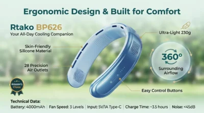 Detailed diagram of the Rtako BP626 ergonomic design featuring 28 air outlets and its 230g lightweight construction.