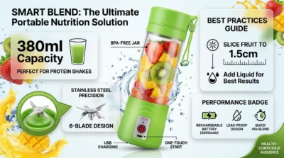 Infographic of the blender in use, highlighting its 380ml capacity and suitability for smoothies and protein shakes with fruit piece size tips.