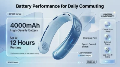 Infographic for the Rtako BP626 neck fan highlighting its 4000mAh battery life and Type-C charging capabilities.
