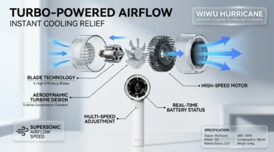 Infographic showing the internal turbine technology and 6-blade design of the WiWU Hurricane Wi-FS010 portable fan for high-speed cooling.