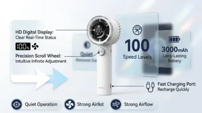Detailed infographic of the WiWU Wi-FS010 digital display and scroll wheel, highlighting 100 speed levels and battery status.