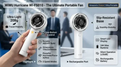 Lifestyle infographic showing the portability of the WiWU Hurricane fan, highlighting its 208g weight and anti-slip base for desktop use.