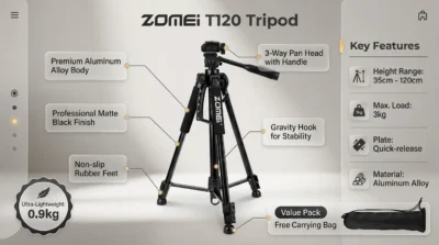 Infographic showing the Zomei T120 tripod's build quality, highlighting its aluminum alloy construction, matte finish, and non-slip rubber feet.