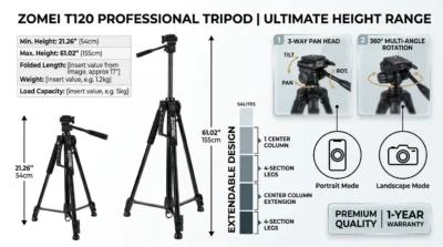 E-commerce infographic illustrating the Zomei T120's height range from 21 to 61 inches and its 360-degree rotating head for vertical and horizontal filming.