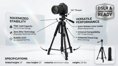 Product infographic showcasing the Zomei T120 tripod supporting a DSLR camera and a smartphone, highlighting its stability and universal compatibility.
