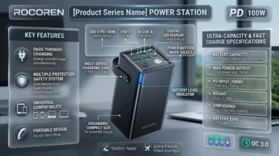 Detailed view infographic of the Rocoren power bank highlighting its handle, digital display, and build materials.