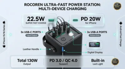 E-commerce infographic detailing the 22.5W fast charging and multi-device support of the Rocoren power bank.