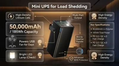 Infographic showing the Rocoren 50,000mAh power bank as a backup power source for fans and lights during load shedding.