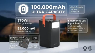 E-commerce infographic highlighting the massive 100,000mAh capacity and lithium polymer battery of the Hoco J142 power bank.