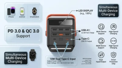Technical infographic detailing the 22.5W and 20W PD charging ports and multi-device capabilities of the Hoco J142.