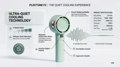 E-commerce infographic illustrating the Plextone F2 fan's quiet operation, featuring its sound-reducing blades and magnetic suspension motor for office use.