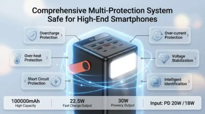 Safety infographic showing the multi-protection systems of the Hoco J142 power bank including short circuit and heat protection.