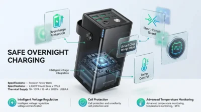 Safety infographic for the Rocoren 50,000mAh power bank illustrating its internal smart chip and protection systems.