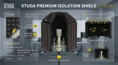 Infographic showing XTUGA microphone isolation shield with pyramid foam for sound isolation and echo control.