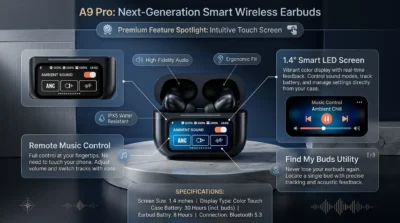 A9 Pro earbuds case with a 1.4-inch color touch screen showing smart remote controls for music and customization features.