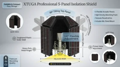 Technical infographic of XTUGA shield highlighting its 5-panel design, 180-degree adjustment, and metal-plastic construction.