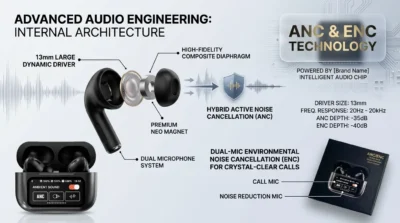 Exploded view infographic of A9 Pro earbuds highlighting 13mm drivers and ANC/ENC noise cancellation technology.