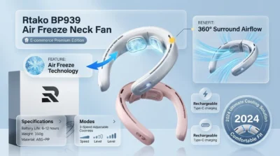 Infographic showing the Rtako BP939 neck fan's 360-degree air freeze cooling technology and sleek headphone-inspired design.