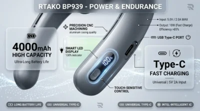 Infographic highlighting the 4000mAh battery life, LED percentage display, and Type-C charging port of the Rtako BP939.